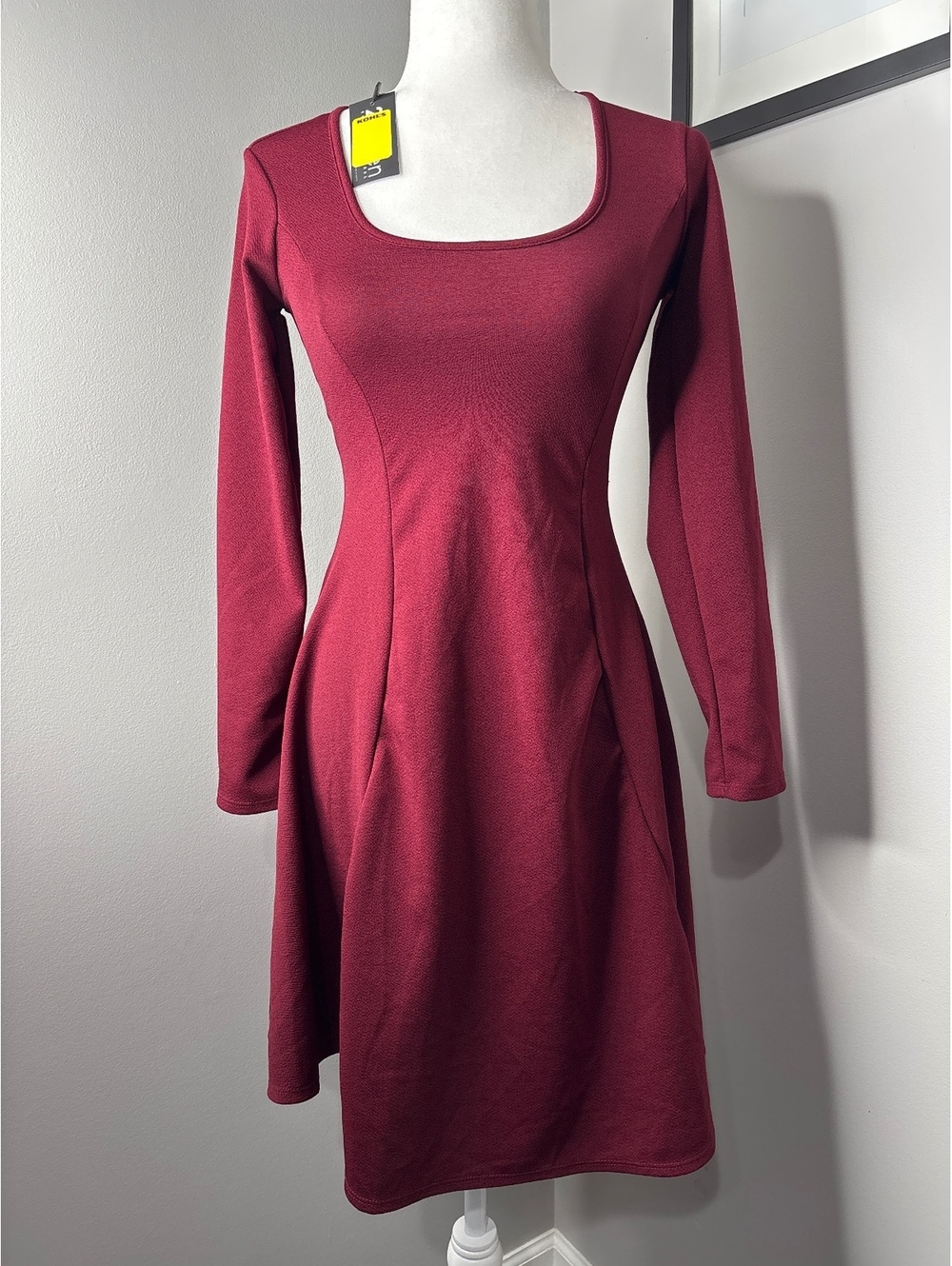 24seven Comfort Apparel Burgundy Fit & Flare Dress with Long Sleeves, Size Small